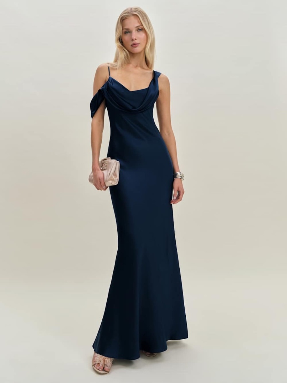 Reformation RONDA Navy Blue Silk Maxi Dress Gown Drape - Size 10 - with tags